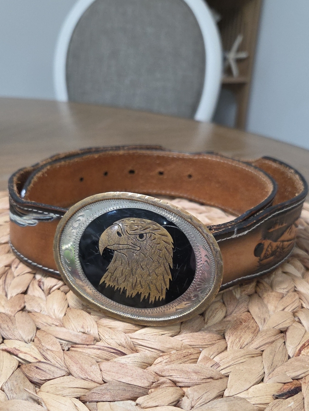 Vintage Johnson & Held Eagle Belt Buckle & Dixie Tooled Painted Leather Belt 34